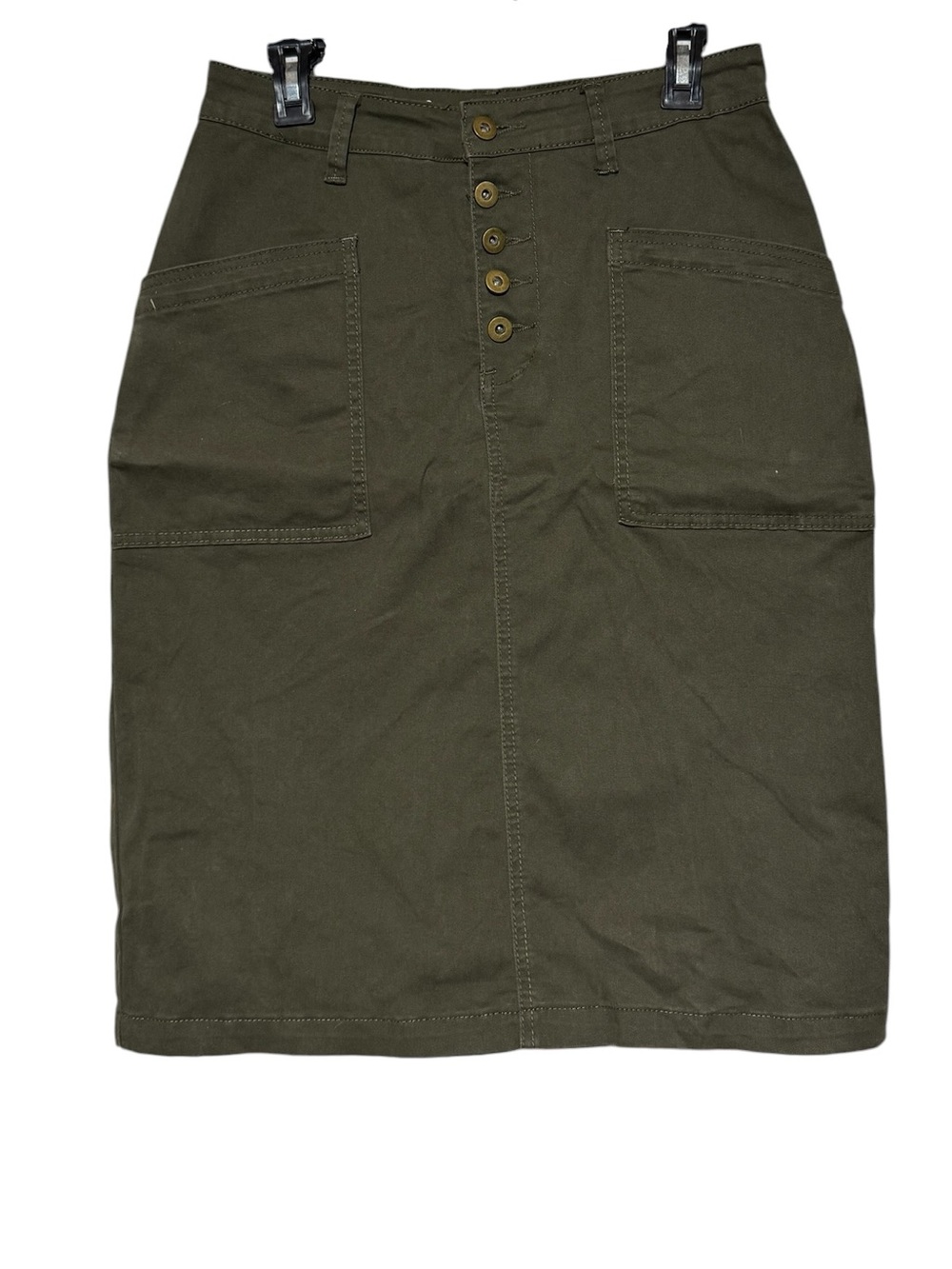 Inherit Long Modest Skirt Size 8 Olive Green Button Fly Stretch Knee Length